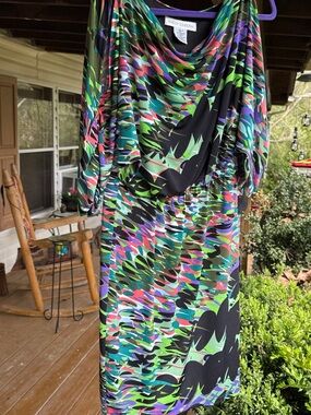 Maggy London Multicolor Abstract Midi Dress in Green, Purple, Black